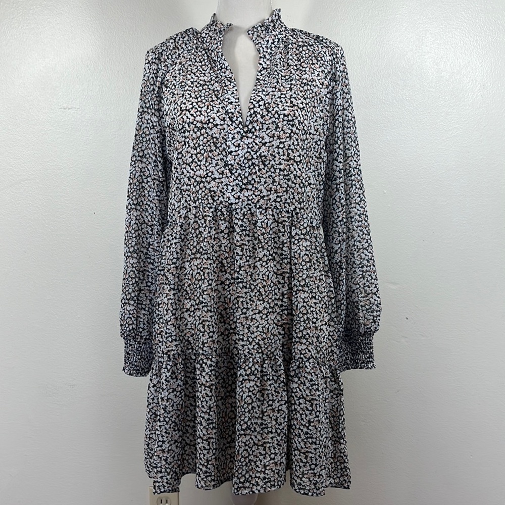 Elan | Dress Flowers Print Black Beige Pink Baby Doll Mini Long Sleeve NW Size M